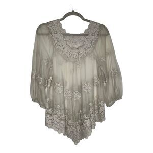 XCVI Top Womens Small Lace Mesh Embroidered Fairy Whimsical‎ 3/4 Sleeves Shirt